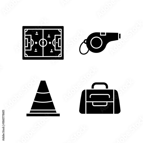 Set of four black sports icons including a soccer field, whistle, cone, and duffel bag.