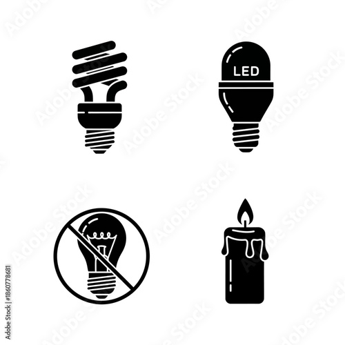 Set of four different light bulb icons and a candle.