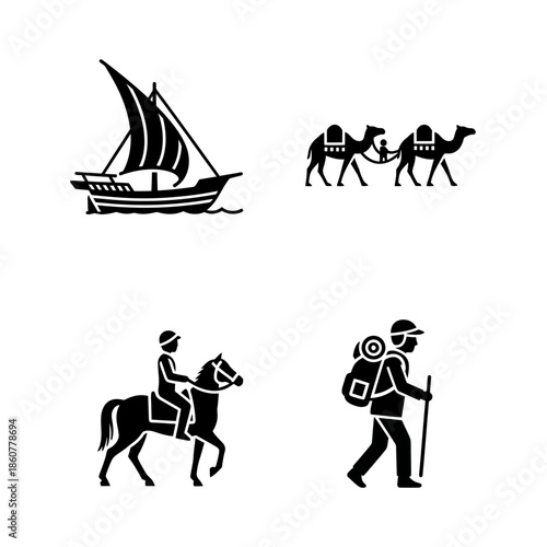 Set of four icons depicting different modes of travel and adventure.