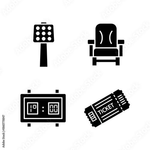 Set of four sports icons including a stadium light, seat, scoreboard, and ticket.