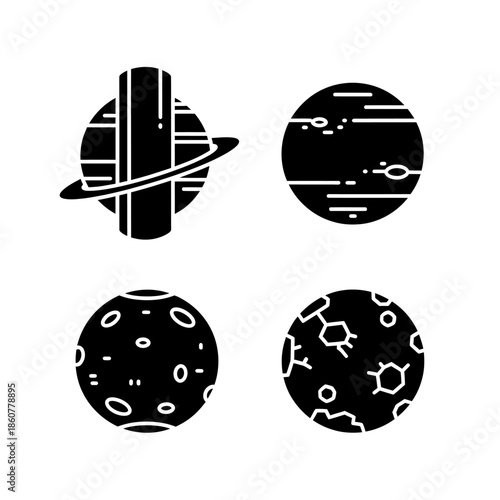 Set of four stylized planets with unique surface details and rings.