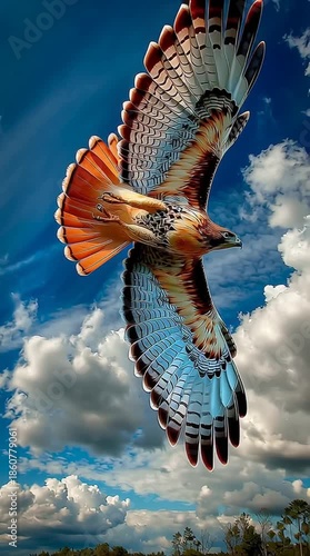 Majestic Red Tailed Hawk Soaring Through the Blue Sky Wildlife Scene Generative AI