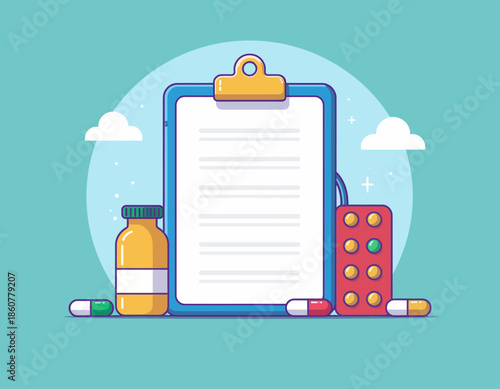 A medical clipboard with a prescription, medicine bottle, and blister packs of pills, set against a blue background with clouds.