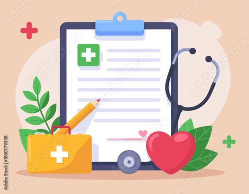 Medical examination and health checkup illustration with stethoscope, first aid kit, and heart symbol.