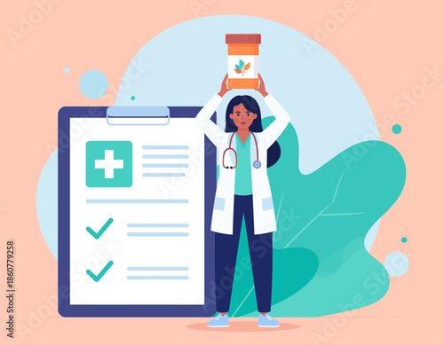 A female doctor stands proudly holding a prescription bottle above her head next to a large clipboard.