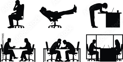 Office work silhouettes collection, employees sitting relaxing arguing and collaborating at desks, black and white flat vector illustration for business workplace concepts