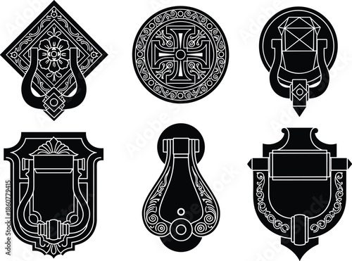 Ornate door knocker silhouettes collection, decorative vintage metal hardware vector illustration set, classic entrance accessories, black medieval and gothic design icons