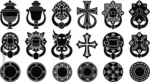 Ornamental door knocker silhouettes vector set, vintage decorative metal hardware collection, gothic and classic designs, antique architectural elements, black iron illustration icons
