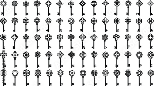 Ornate vintage keys silhouettes vector collection, antique decorative key designs, classic lock symbols, black retro illustration set isolated on white background