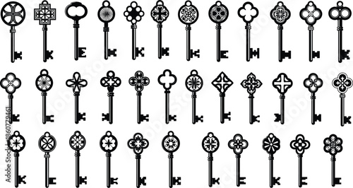 Ornate vintage keys silhouettes vector collection, decorative antique key designs, classic lock symbols, black retro illustration set isolated on white background