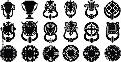 Ornate vintage door knocker silhouette collection, decorative antique entrance hardware with classic floral and geometric designs, black historical vector illustration set