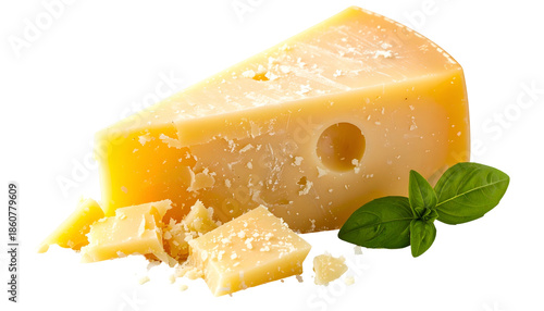 Close-up of a wedge of hard, textured cheese with a basil sprig on a transparent background