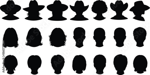 People head silhouettes collection, male and female profiles with hats and hairstyles, anonymous avatar faces set, black vector illustration for identity design