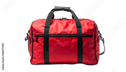 A vibrant red duffel bag, with black accents, sits against a white background