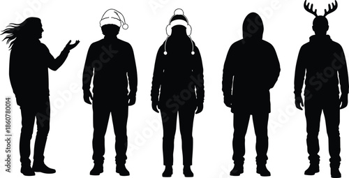 Winter people silhouettes collection, men wearing festive hats earmuffs hoodie and antlers, cold season fashion poses, black and white flat vector illustration