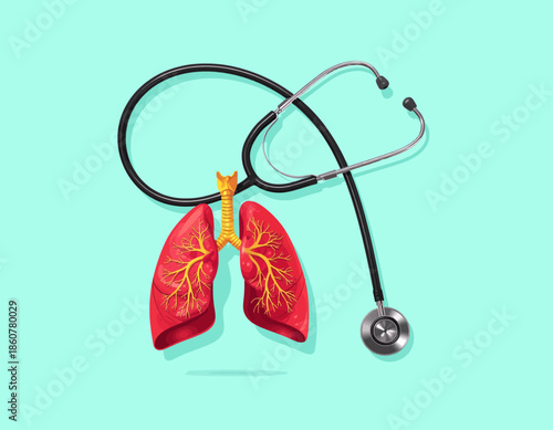 A stethoscope is wrapped around a realistic illustration of human lungs, symbolizing medical care and respiratory health.