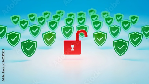 Highlighting a Critical Vulnerability An Open Red Padlock Contrasting with Numerous Green Security Shields, Illustrating a System's Weakest Link.