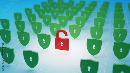 A solitary red open padlock highlights a critical security vulnerability amidst numerous green shields, representing a potential data breach or system weakness.