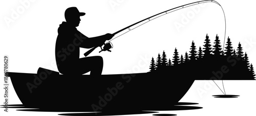 Man fishing from boat silhouette vector illustration, fisherman on lake with rod, outdoor recreation, forest nature background, adventure and leisure activity design