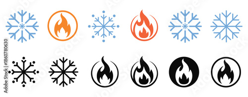 Hot and Cold Sig, Fire and Snowflake Vector Icon, Ice and Fire Icons in Circle for Apps and Websites, Featuring Temperature Control Symbols, Heating and Cooling Indicators, Climate Management