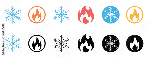 Hot and Cold Sig, Including Fire and Snowflake Vector Icons, Ice and Fire Circular Symbols