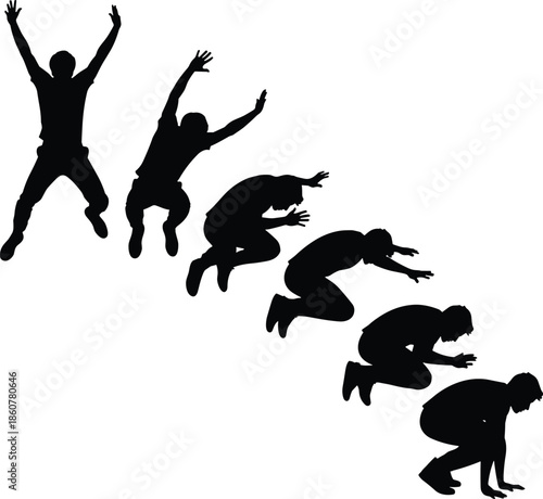 Man jumping movement sequence silhouette vector illustration, human motion progression showing leap and landing phases, action dynamics concept, fitness sport animation style