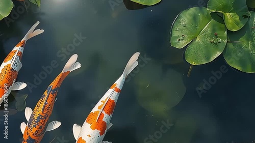 Top down view of three colorful koi fish swimming in pond with green lily pads