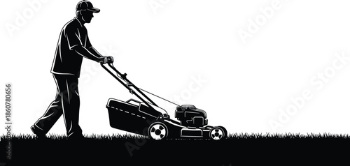 Man mowing lawn silhouette vector illustration, gardener pushing grass cutter machine, landscaping worker maintenance concept, black and white yard work design, isolated