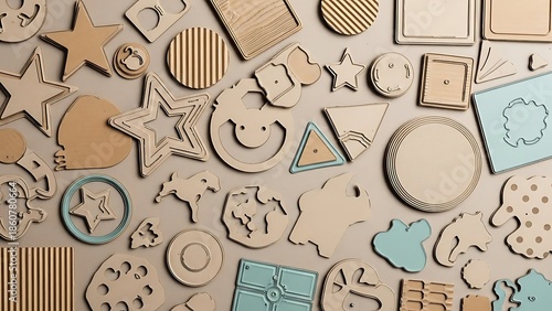 Wooden Shapes Composition: A varied assortment of precisely cut wooden shapes forms an interesting design on a soft background.