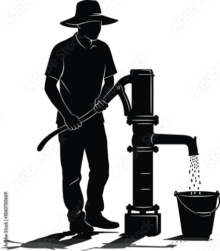 Man Operating a Vintage Hand Water Pump Silhouette, Person Filling a Bucket with Clean Water, Rural Technology, Global Water Scarcity and Access Concept, Monochrome Vector Graphic Element, EPS.