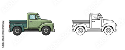 Classic vintage pickup truck side view in muted green and teal colors depicted as colored illustration and black and white line art coloring page for kids creative activities