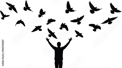 Man raising arms with flying birds silhouettes vector illustration, freedom peace spirituality concept, inspirational human connection with nature, black figures isolated on white background