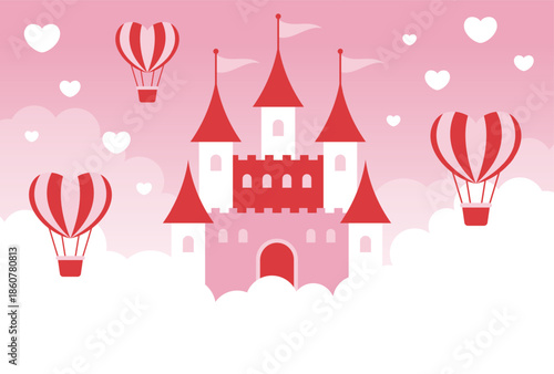 pink vector background with a fairy tale castle, heart hot air balloons and clouds in the sky for Valentine's Day, Wedding, etc.