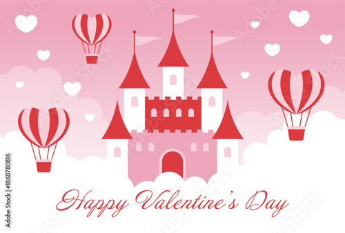 pink vector background with a fairy tale castle, heart hot air balloons and clouds in the sky for Valentine's Day, Wedding, etc.