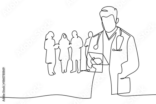 A single, continuous line a group of resident physicians in medical education. Minimalist Editable stroke.