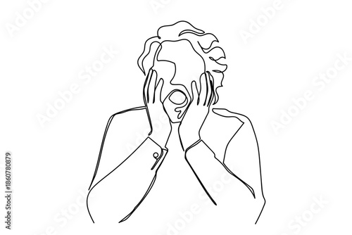 A single, continuous line a man is covering his face with his hands, expressing shock. Minimalist Editable stroke.