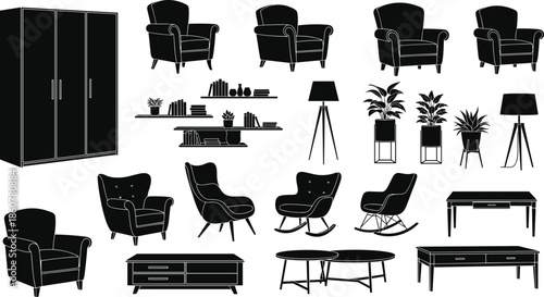 Modern furniture silhouettes set, armchairs tables lamps shelves and plants, living room interior decor elements collection, black vector illustration for home design