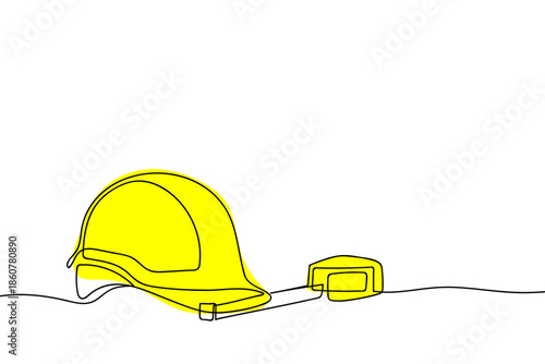 A single, continuous line depicting an engineer's hat and a measuring tape an illustration of an engineering concept. Minimalist Editable stroke.
