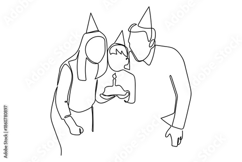On a single, continuous line, the father and mother are organizing a birthday party for their child. Minimalist Editable stroke.
