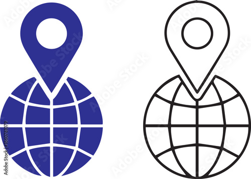 Two vector icons of a globe with a map pin marker. One is solid blue and the other is a black line art version. Ideal for representing global positioning, travel, and logistics.
