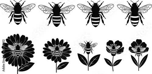 Bee and flower silhouettes set, honeybee insects on blooming plants, black nature pollination icons vector illustration isolated on white