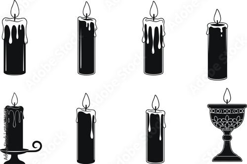 Black candle silhouettes collection, burning wax candles icons, gothic ritual decor, vintage candlelight symbols, spooky atmosphere illustration set