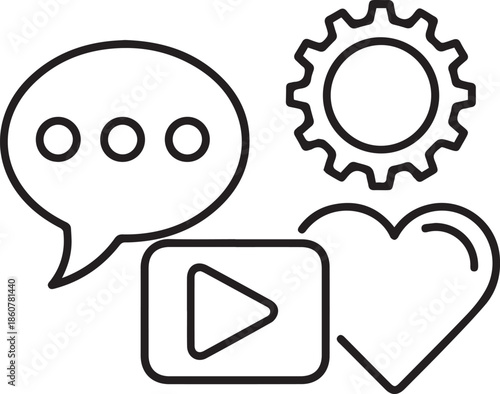 Minimalist black line art vector featuring icons for a speech bubble, gear, heart, and play button. It represents social media engagement, communication, settings, and multimedia content.