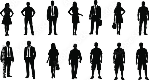 Business people silhouette collection showing men and women standing poses, professional workers, office staff, corporate lifestyle black vector illustration