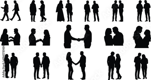 Business people silhouettes collection, men and women meeting, talking, shaking hands, professional communication teamwork illustration set