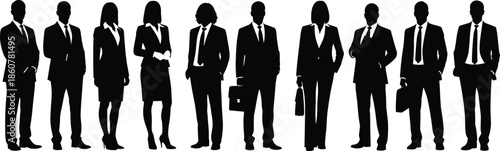 Business people silhouettes collection, professional men and women in suits, corporate workforce figures, leadership team poses, office lifestyle illustration set