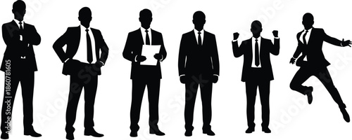 Businessman silhouettes collection, professional male poses celebrating success, corporate office actions set, black vector illustration isolated white background