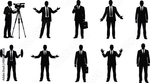 Businessman silhouettes collection, professional men gestures poses, corporate communication presentation, leadership concept, black vector illustration set