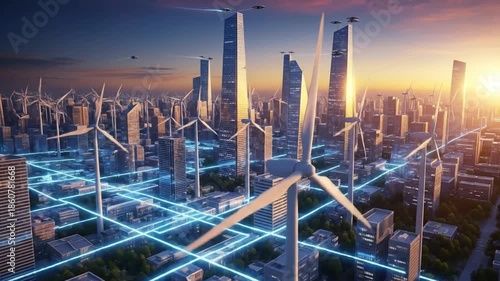Futuristic Smart City with Wind Turbines and Digital Grid.