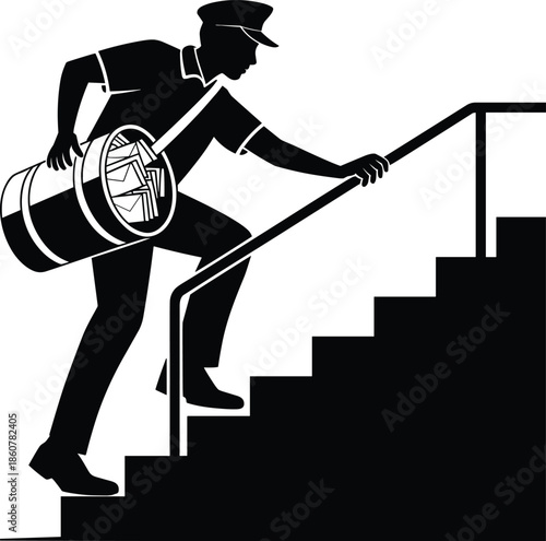 Mailman climbing stairs carrying letters silhouette, vintage postal worker vector illustration, courier delivering mail service, post office communication and delivery concept design